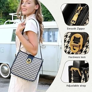 FOXLOVER Houndstooth Fabric Shoulder Bag for Women Top Handle Bucket Purse Casual Retro Portable ... | Amazon (US)