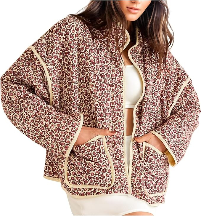 VAOYIU Women's Loose Retro Striped Quilted Jacket Stand Collar Cropped Puffer Outerwear Vintage C... | Amazon (US)