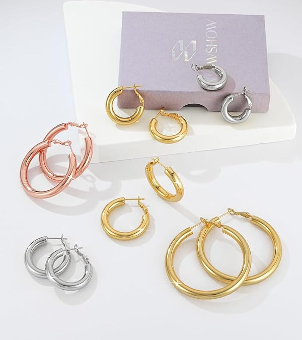 wowshow Thick Hoop Earrings Howllow 14K Gold Plated Gold Hoops for Women | Amazon (US)