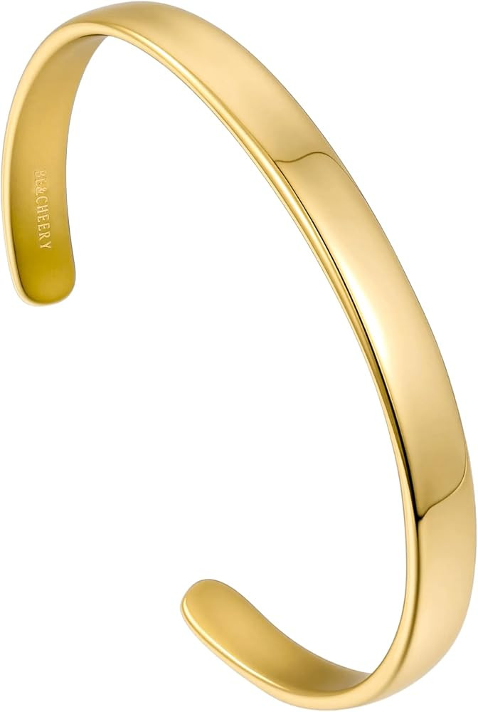 BE & CHEERY Gold Bangle Bracelet for Women, 14k Gold Plated Open Bangle, Stackable Stainless Stee... | Amazon (US)