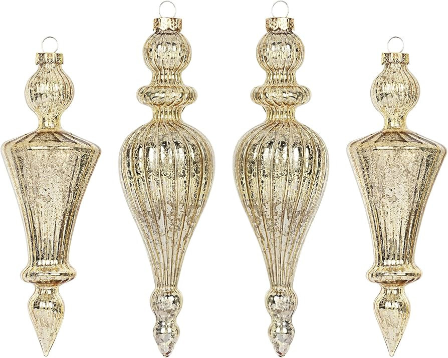 Amazon.com: KI Store Mercury Glass Finial Champagne Gold Christmas Ornaments Set of 4 Large Hangi... | Amazon (US)
