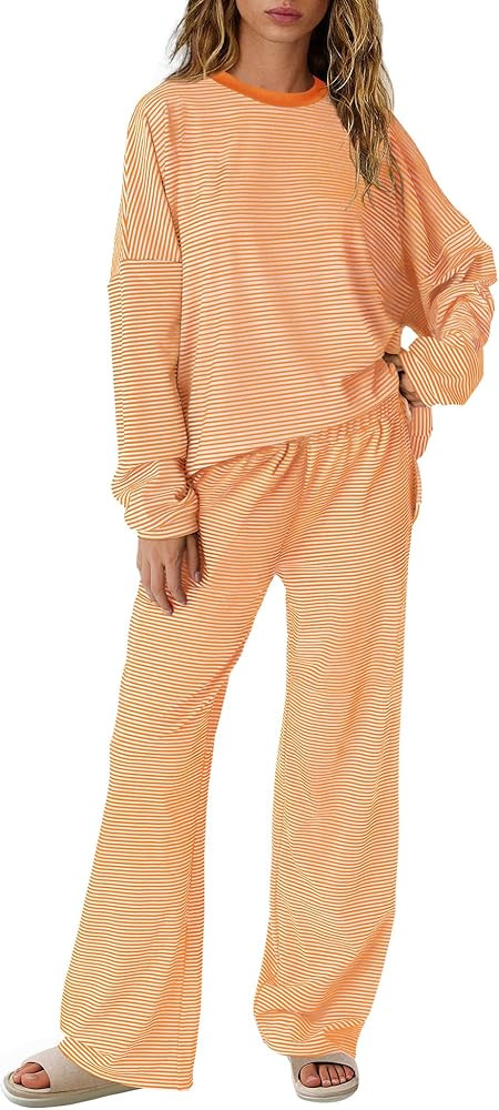 Yanekop Womens Striped Lounge Set Long Sleeve Matching Sets Oversized Pajama Sets Striped Shirt W... | Amazon (US)