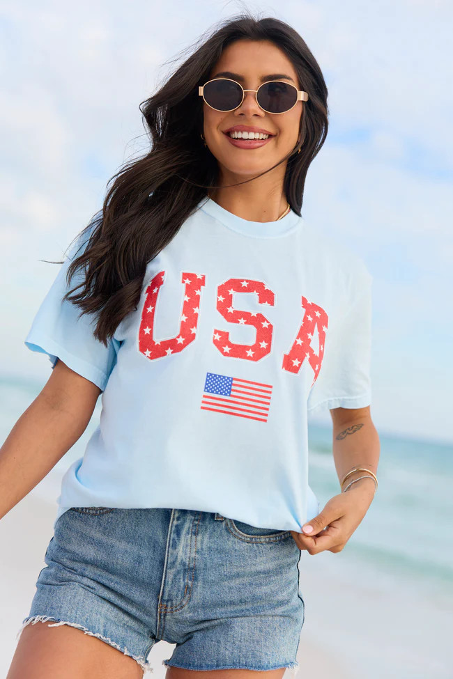 Athletic USA Flag Star Print Light Blue Graphic Tee | Pink Lily