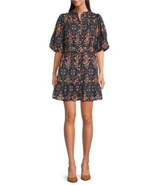 J.Marie Torian Printed 3/4 Sleeve V-Neck Button Front Belted Mini Dress | Dillard's | Dillard's