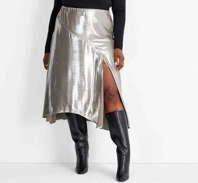 🥥 Future Collective Women's Holiday Flowy Satin Midi Skirt Silver Size L🆕 | eBay US