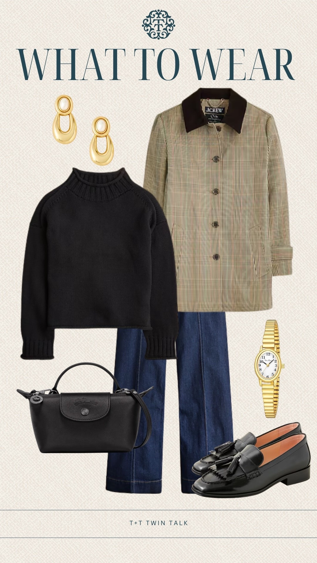 T+T, what to wear! We are loving this rollneck sweater from J.Crew. We own it in so many different pattern and color variations! For this look we paired it with a plaid tailored collared jacket from J.Crew, dark wash denim, and a black Longchamp bag. To finish the look we added gold jewelry and black loafers. 

#LTKStyleTip #LTKShoeCrush #LTKItBag