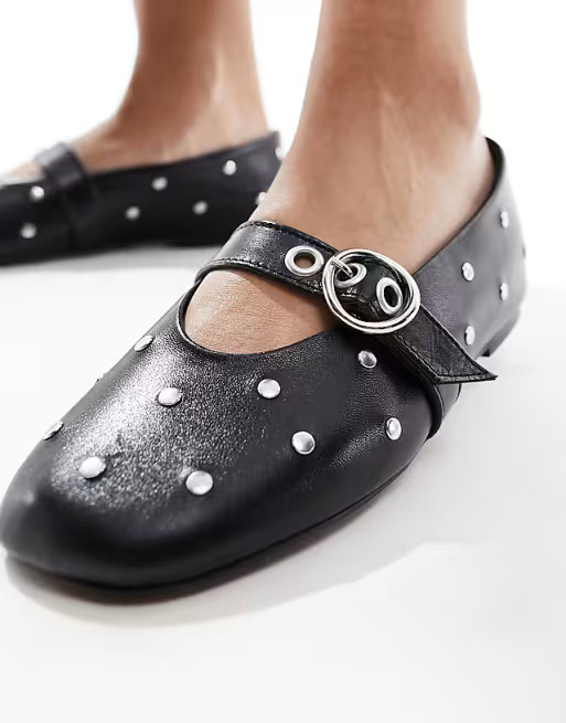 ASOS DESIGN Locke Premium leather studded ballet in black | ASOS (Global)