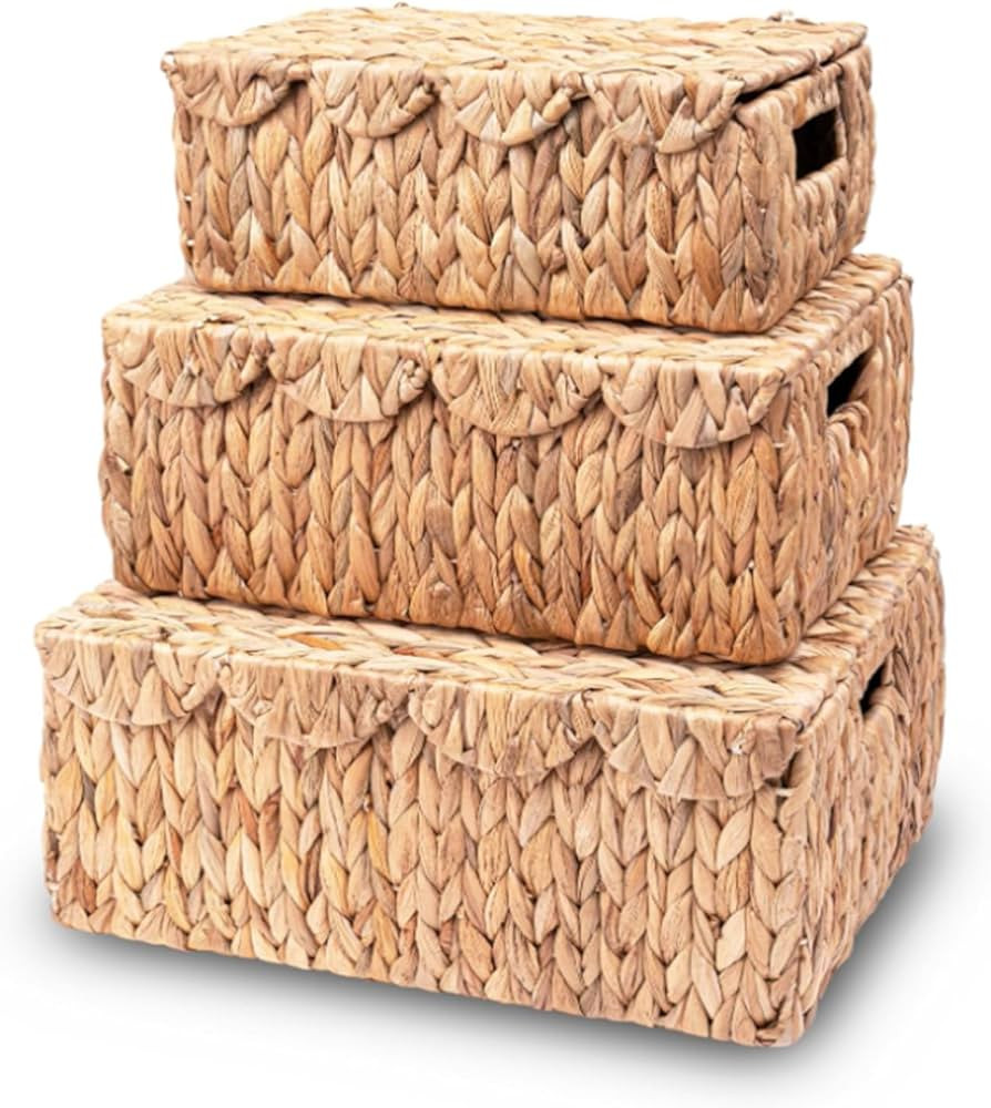 3 Pcs Large Wicker Storage Baskets with Lids 16" 14" 12" Scalloped Wicker Edge Basket Rattan Stor... | Amazon (US)