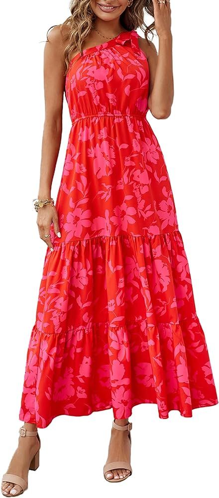 PRETTYGARDEN Womens 2024 Floral Knot One Shoulder Sleeveless Ruffle Hem Flowy Boho Dresses | Amazon (US)