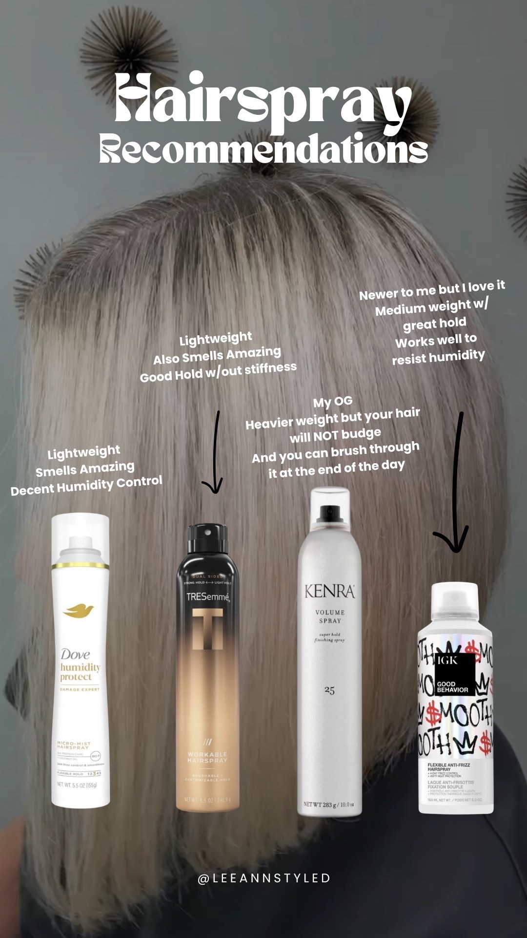 My Hairspray Recommendations

Dove - Smells amazing, light weight and does a decent job against humidity. 

Treseme - Also smells amazing, light weight with a light flexible hold. 

Kenra - My OG! Your hair will not budge with this hairspray. And you can easily brush it out. 

IGK - A new find for me but I love it! Flexible hold with great humidity control. 
* Works really well with IGK Good Behavior Heat Protectant Spray! 



#LTKmorningroutine #LTKootd #LTKBeauty