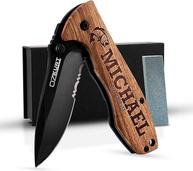 Amazon.com: Gifts for Men, Personalized Engraved Oak Wood Pocket Knife - 36 Icons, 20 Stylish Fon... | Amazon (US)