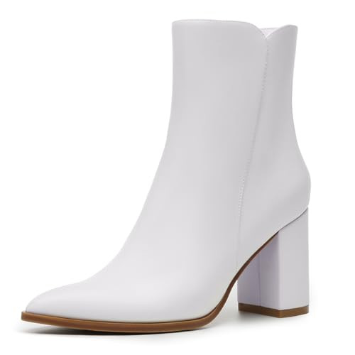 Athlefit Women's Heeled Ankle Boots Fashion Pointed Toe Chunky Heel Side Zipper Short Leather White Boots Size 9.5 | Amazon (US)