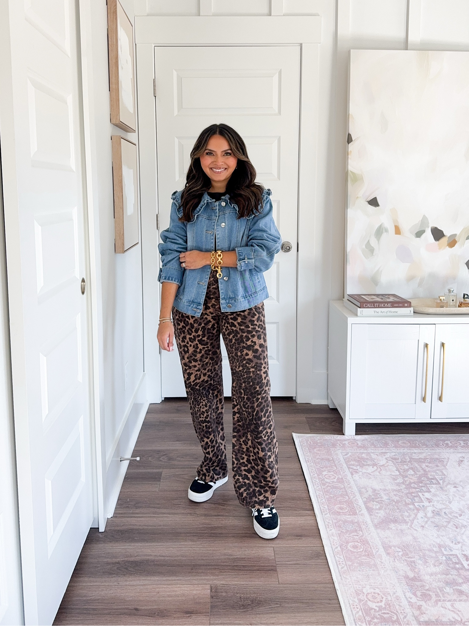 Oversized collar denim jacket size small TTS
Black  tank size xs TTS
Leopard print jeans size 26 short TTS
Black and white sneakers size 5.5 - these run big so i sized down a whole size.

#LTKSaleAlert #LTKStyleTip #LTKPetite
