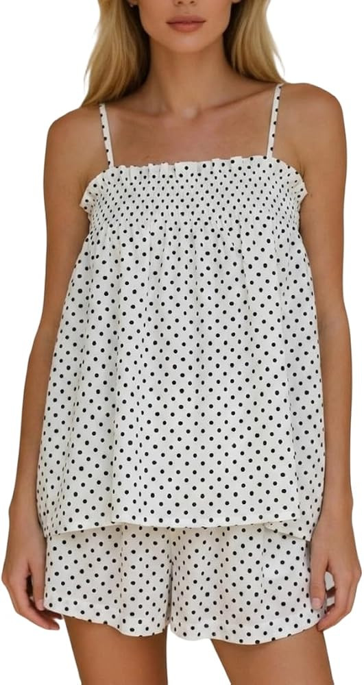 ROAONOCOMO Women Gingham 2 Piece Pajama Set Flowy Peplum Babydoll Cami Top Wide Leg Shorts Sets S... | Amazon (US)