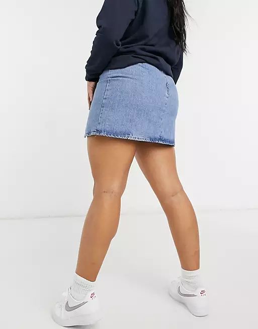 ASOS DESIGN Curve denim side split mini skirt in midwash | ASOS (Global)