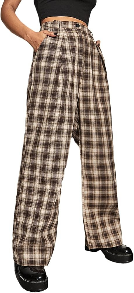 DIDK Women's Tartan Plaid Mid Waist Straight Pants | Amazon (US)