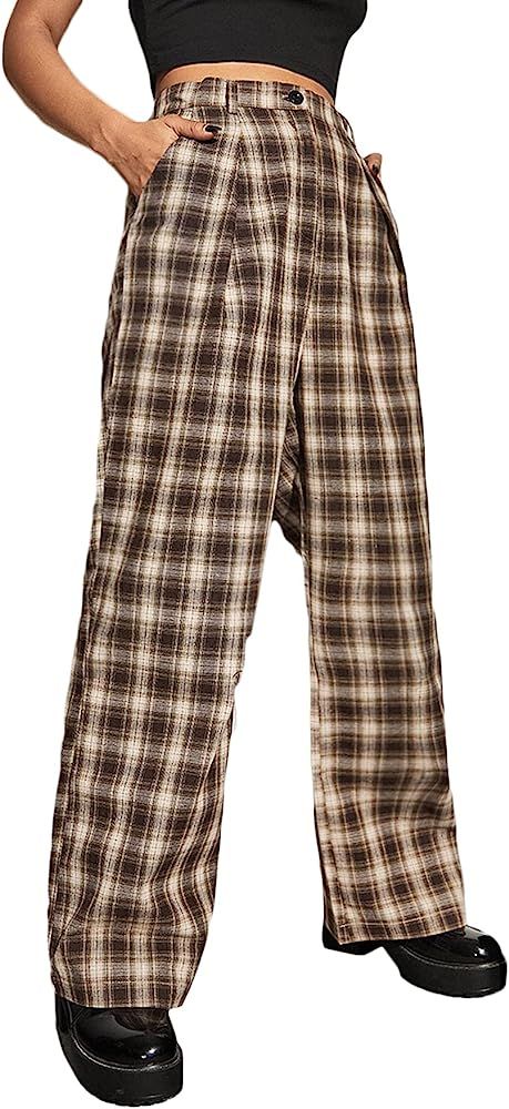 DIDK Women's Tartan Plaid Mid Waist Straight Pants | Amazon (US)