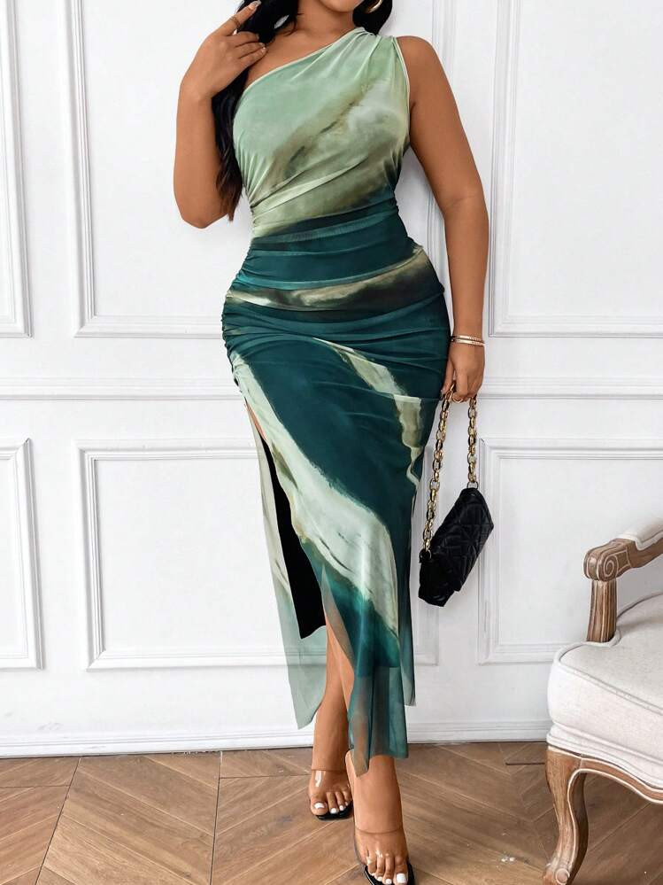 Celure Plus Size Summer Tie-Dye Printed Dress With Asymmetric Neckline, Ruched Waist And Side Slit Maxi Women Outfit | SHEIN