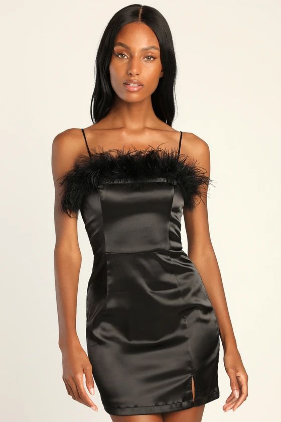 Feather With You Black Satin Feather Sleeveless Mini Dress | Lulus (US)