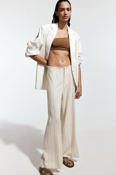 Frayed-edge Linen-blend Pants - Regular waist - Long - Beige - Ladies | H&M US | H&M (US + CA)