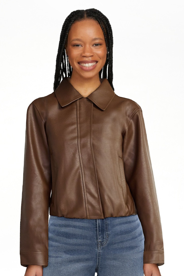No Boundaries Bubble Hem Faux Leather Bomber Jacket, Women's | Walmart (US)