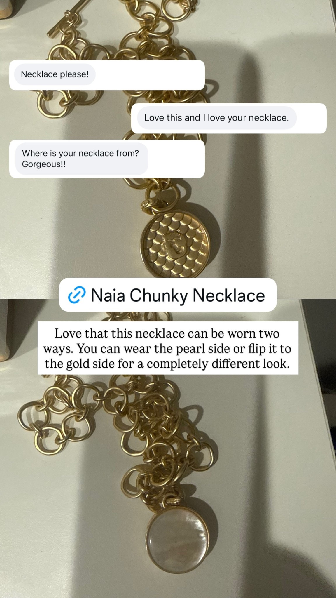 Love that this necklace can be worn two ways. You can wear the pearl side or flip it to the gold side for a completely different look.