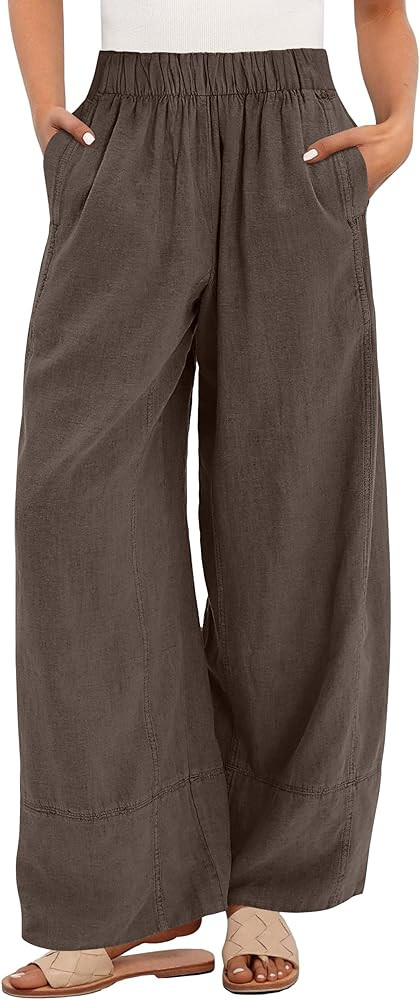 ANRABESS Women's Wide Leg Linen Pants Summer Boho Casual Elastic Waist Long Lounge Travel Pants T... | Amazon (US)