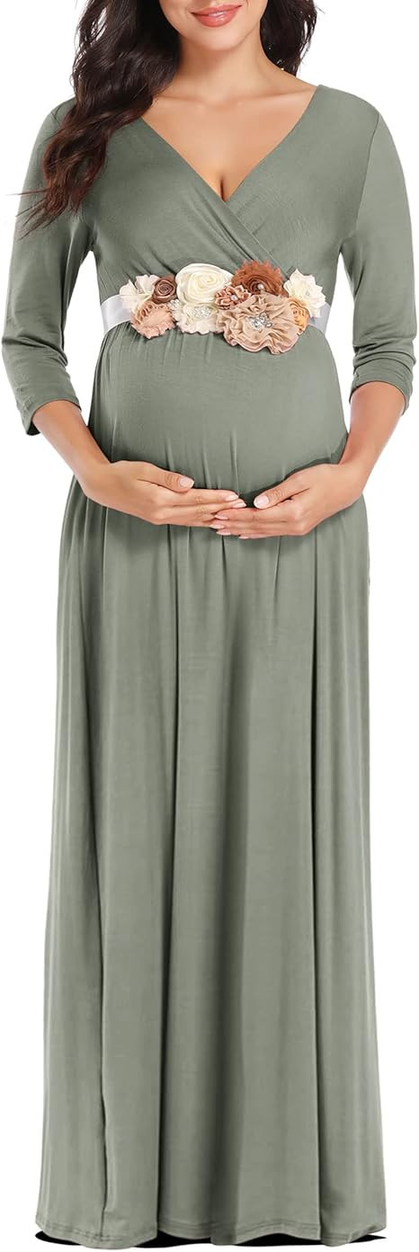 KIM S Maternity Maxi Dress with Flower Sash(S-3XL)/Wrapped Ruched V Neck Photoshoot Baby Shower D... | Amazon (US)