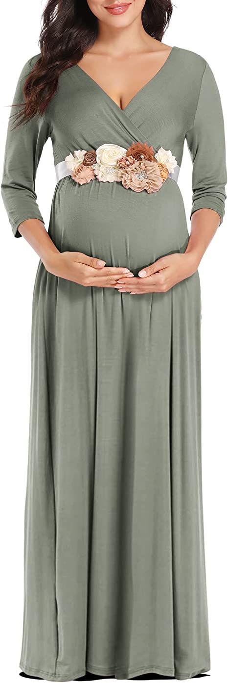 KIM S Maternity Maxi Dress with Flower Sash(S-3XL)/Wrapped Ruched V Neck Photoshoot Baby Shower D... | Amazon (US)
