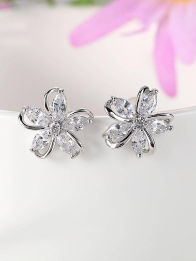 Small Flower Gold Plated Stud Earrings 2pcs Women CZ Crystal Stud Earrings Daily Wear Piercing Earrings Bridal Wedding Jewelry For Girl Wife Girlfriend Couple Valentines | SHEIN