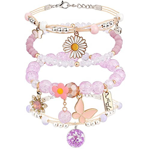 DS Beaded Charm Bracelets for Teen Girls Cute Cartoon 4 PCS Crystal Beads Pearl anime Bracelets for woman girls Adjustable Stretch bracelet anklets birthday Gift For daughter Friends-Purple Butterfly | Amazon (US)