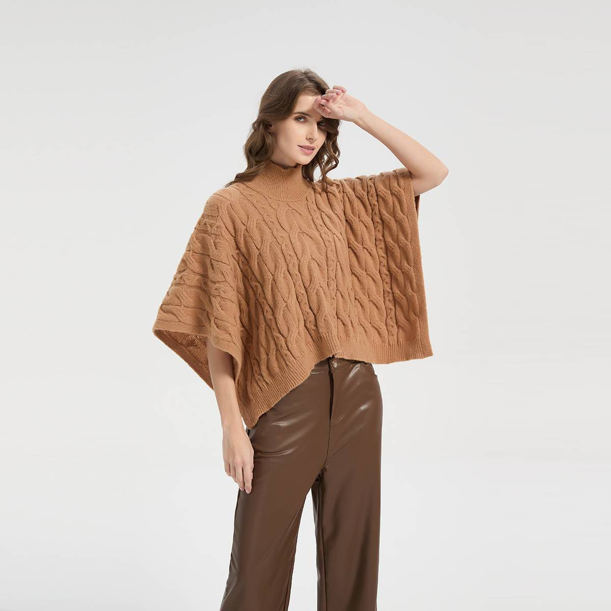 Women's High Neck Cable Poncho Sweater - A New Day™ Camel | Target