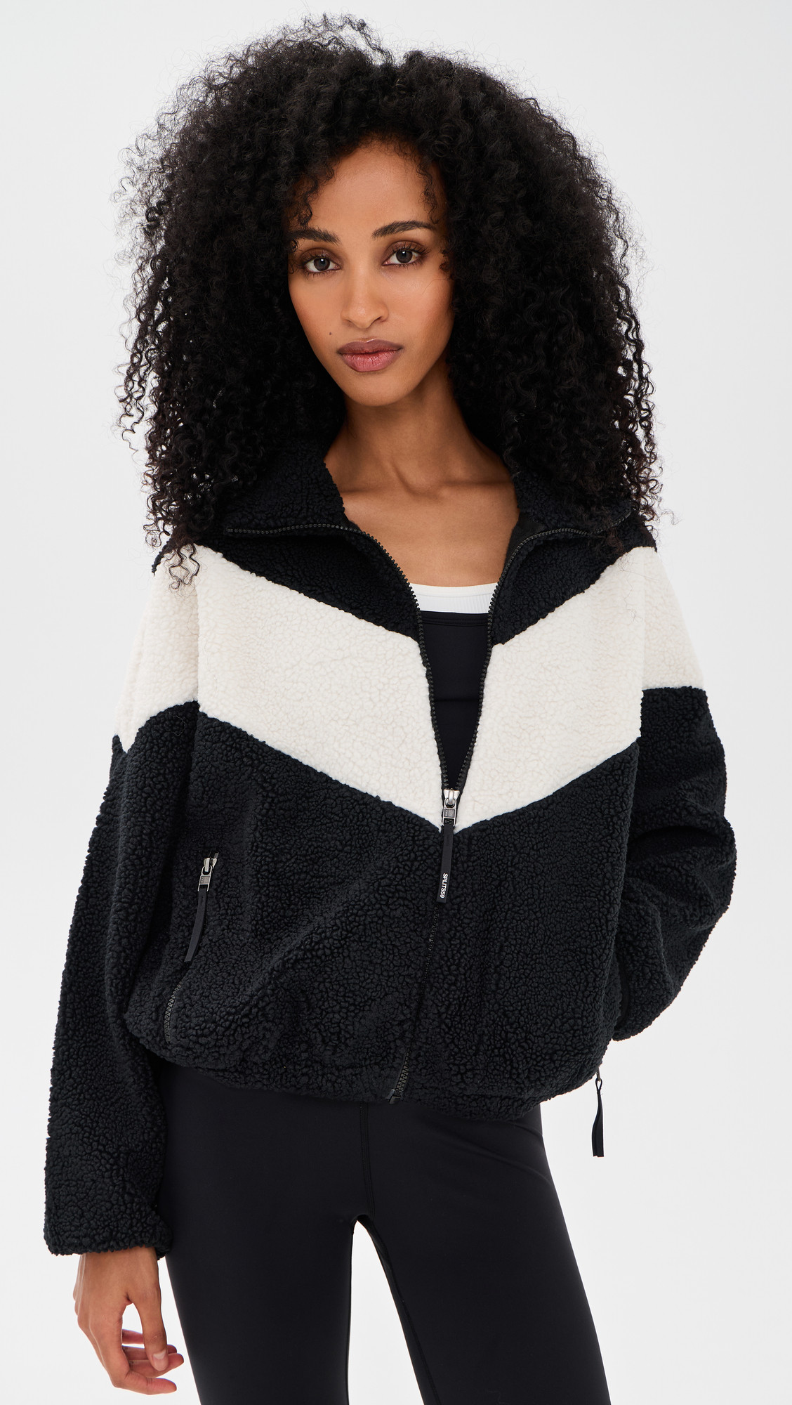 Splits59 Lottie Chevron Sherpa Full Zip Jacket Black/Creme S | Shopbop