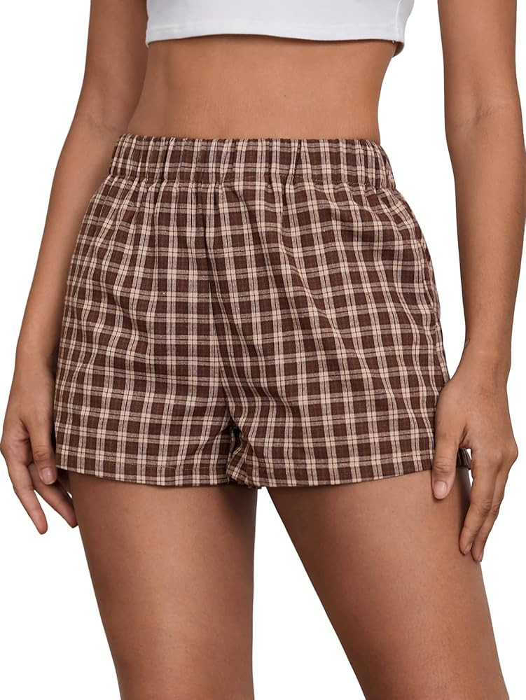MakeMeChic Women's Gingham Pajama Bottom Elastic Waist Wide Leg Sleepwear Plaid Lounge Shorts | Amazon (US)