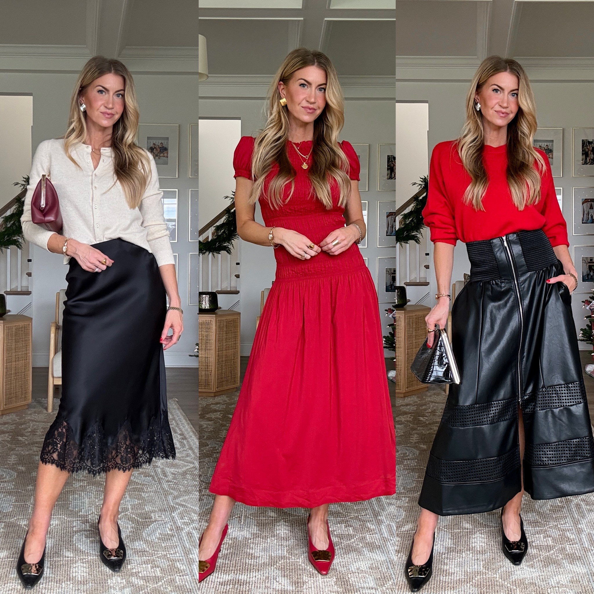 Holiday looks from @anthroplogie 
Red dress: runs TTS, wearing size 2.
Leather skirt: runs TTS. Wearing size XS.
Silk skirt: runs TTS, wearing size XS.
Cardigan: runs TTS, wearing size small 
Kitten heels: run TTS. 

#LTKHoliday