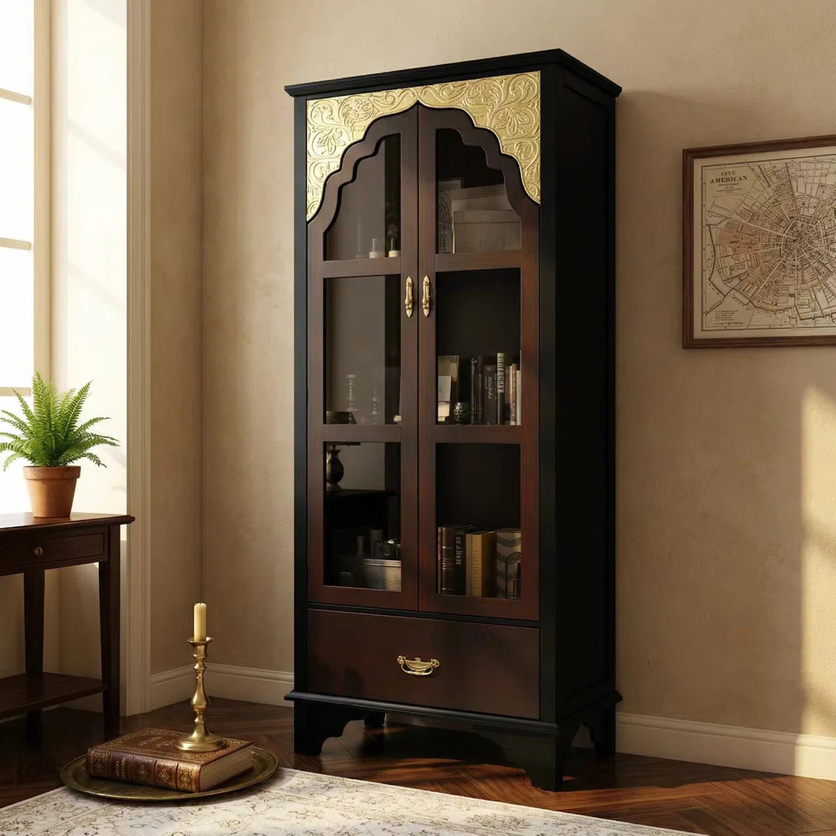 Benevento 70.9"H Rectangular 3-Tier Bookcase With Glass Doors And Drawers | Wayfair North America