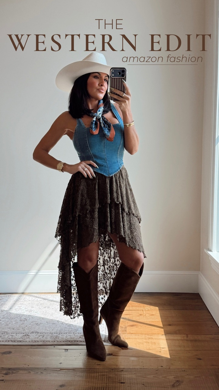 Consider the country concert outfit handled. 🤠

A little denim, a little lace, tall boots + the bandanna that somehow pulls the whole thing together. 

The best part? It’s all Amazon.