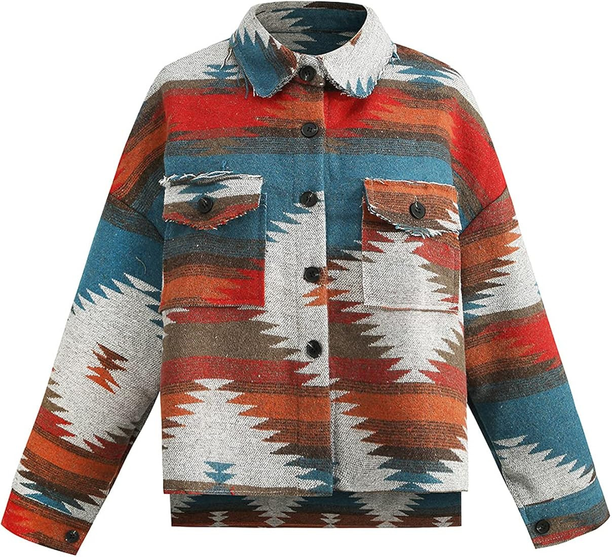 COWOKA Women's Vintage Aztec Print Pattern Loose Shacket Button Down Long Sleeve Woolen Jacket Sh... | Amazon (US)