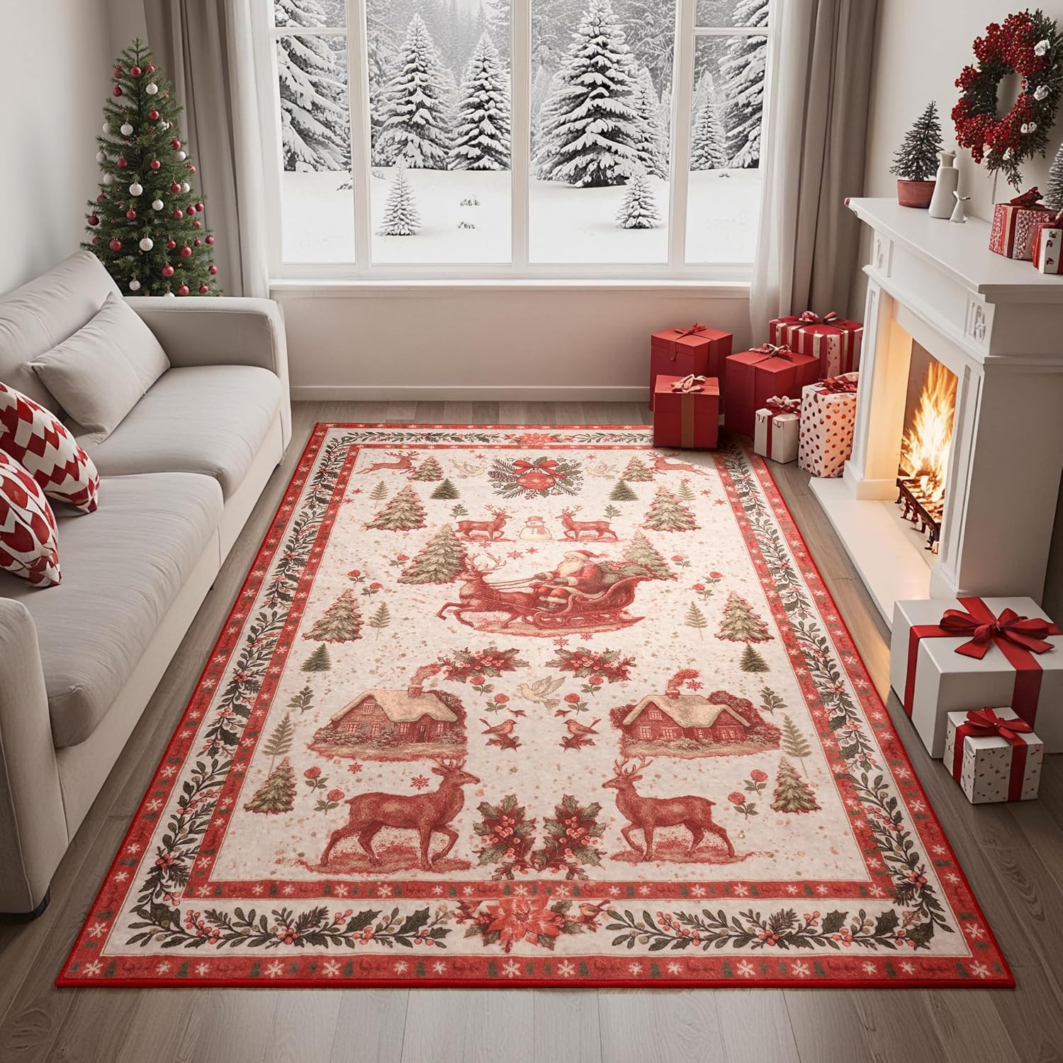 Joiedomi Christmas Rug 5'x7' Area Rugs for Living Room Non-Slip Washable Rug Rubber Backing Large Soft Vintage Christmas Tree Santa Claus Carpet for Bedroom Kids Nursery Dining Room Indoor (Beige) | Amazon (US)