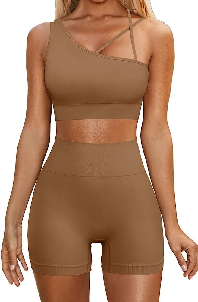 QINSEN Workout Sets for Women One Shoulder Sport Bra High Waist Booty Shorts Seamless Gmy Yoga 2 Pie | Amazon (US)