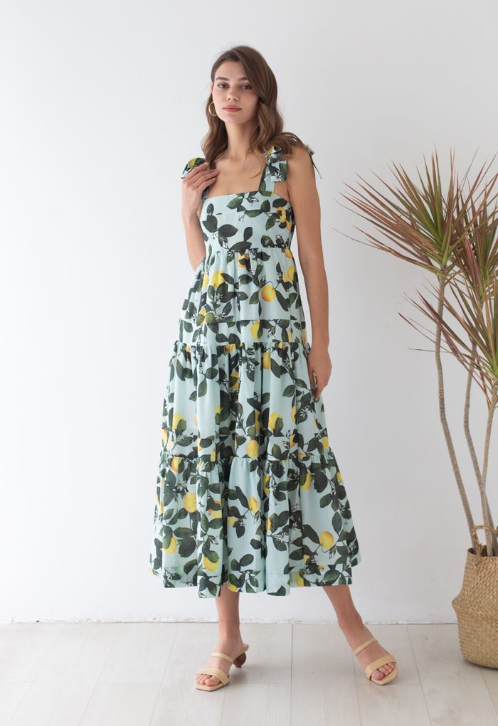 Minty Lemon Printed Tie-Strap Maxi Dress | Chicwish