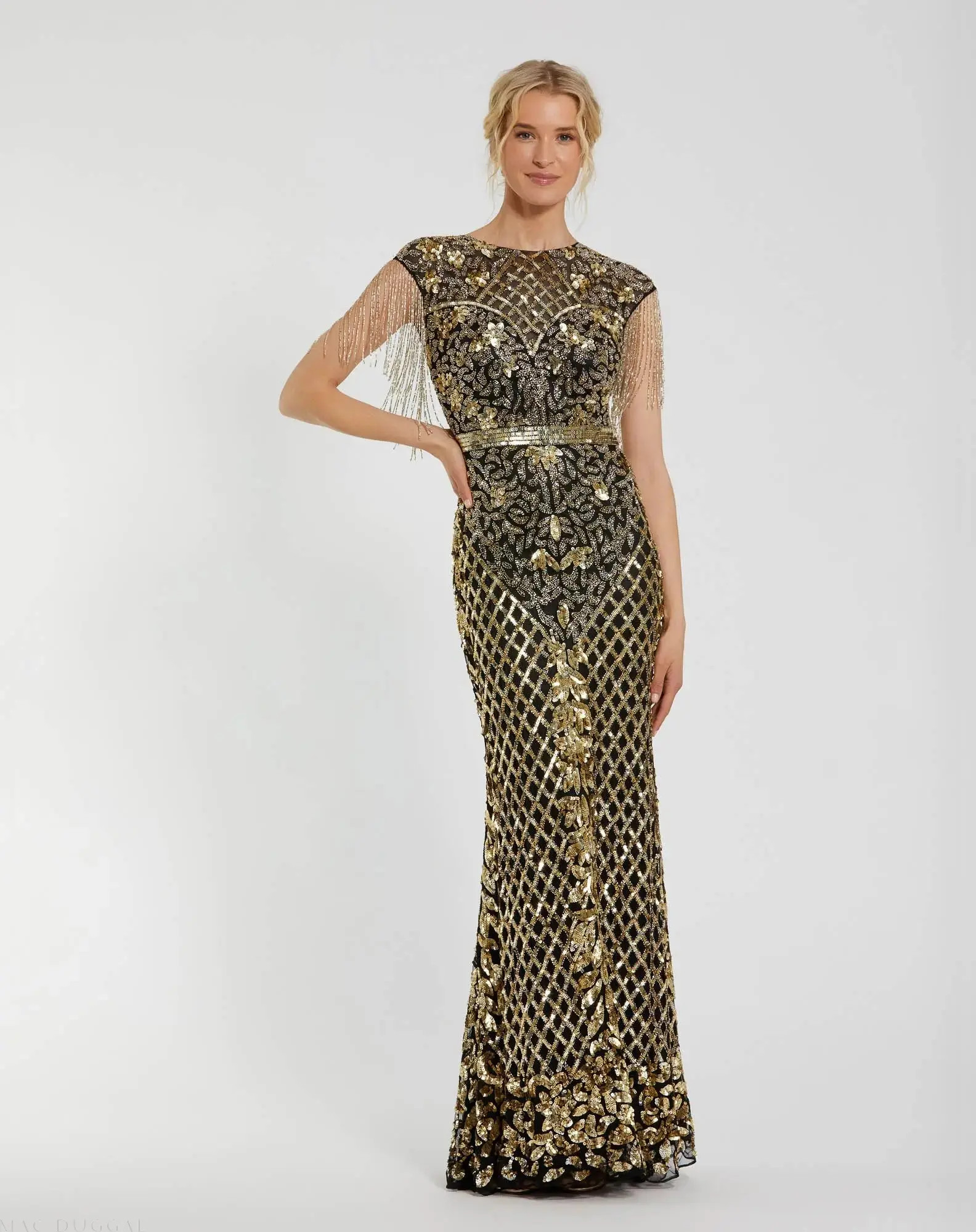 Black High Neck Sleeveless Beaded Fringe Fitted Gown - Mac Duggal | Mac Duggal