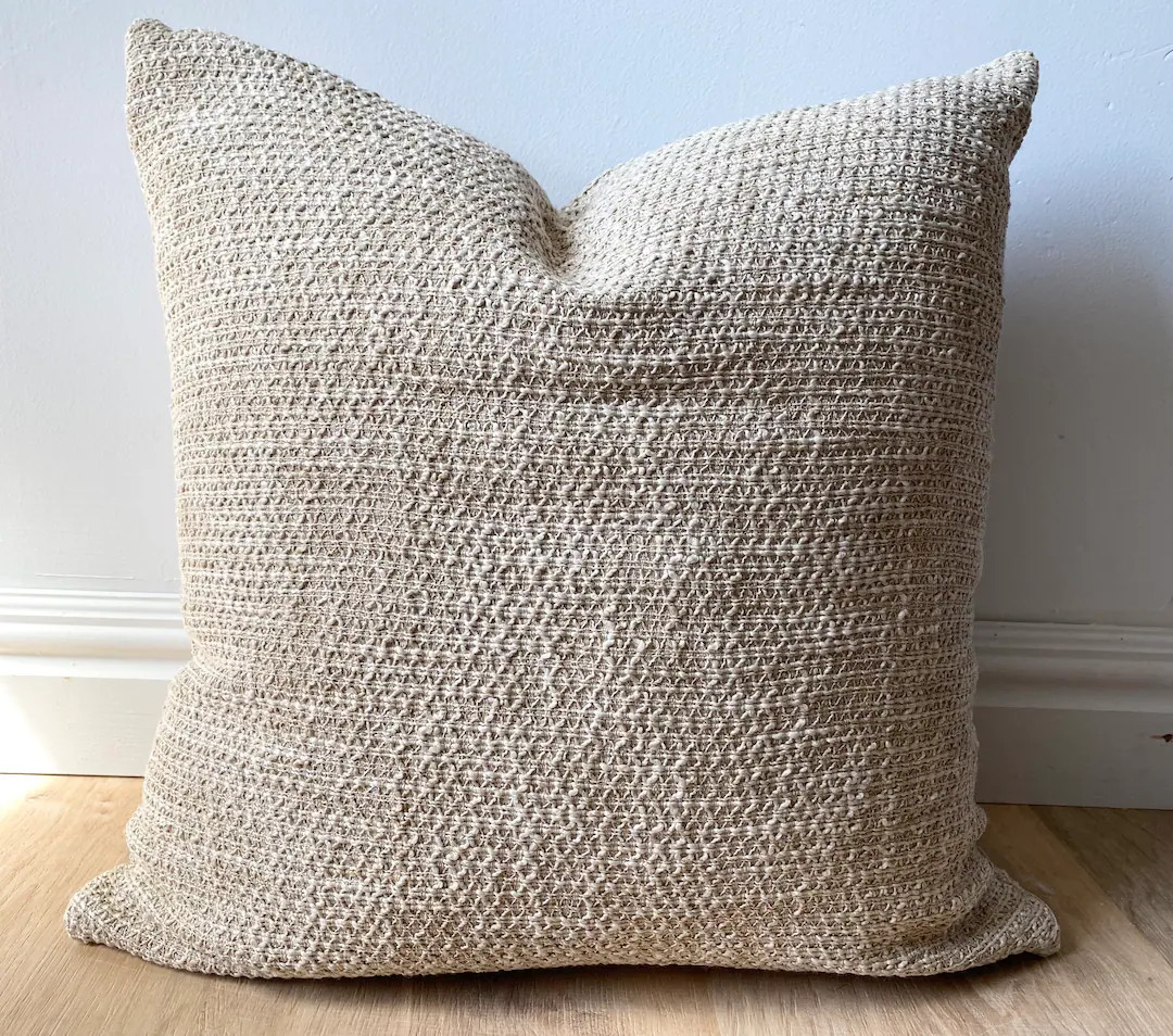 Coastal chunky weave flax sandy beige solid nubby tonal nubby pillow cover cozy textural availabl... | Etsy (US)