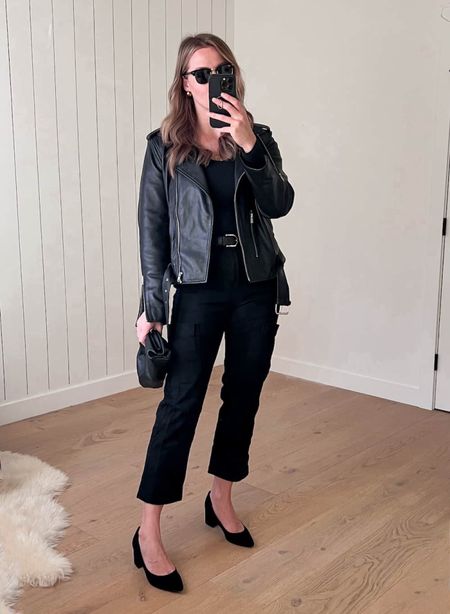 This is such a chic take on an all-black outfit. Cropped cargo pants and heels add an elevated twist to the staple leather jacket for a functional yet fashionable look. I’d wear this monochromatic look out with friends, on a coffee date, or for date night. 

women's fashion, women's outfit idea, chic fashion, trending fashion, leather jacket outfit

#LTKstyletip #LTKSeasonal