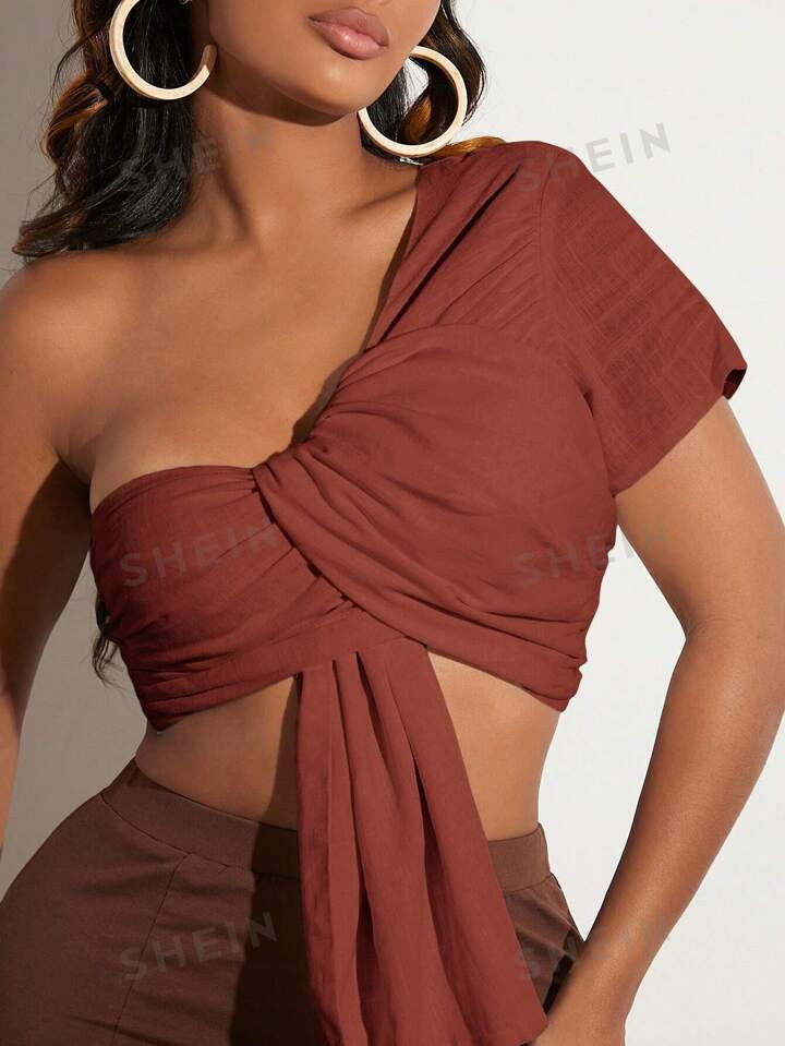 SHEIN SXY Women's Summer Holiday Solid Color One Shoulder Cropped Top | SHEIN