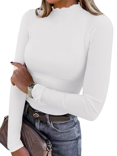 ANRABESS Women's Lettuce Trim Mock Neck Long Sleeve Tops 2026 Casual Dressy Ribbed Knit Slim Fit Tee Shirt Fall Layer Outfits White X-Large | Amazon (US)