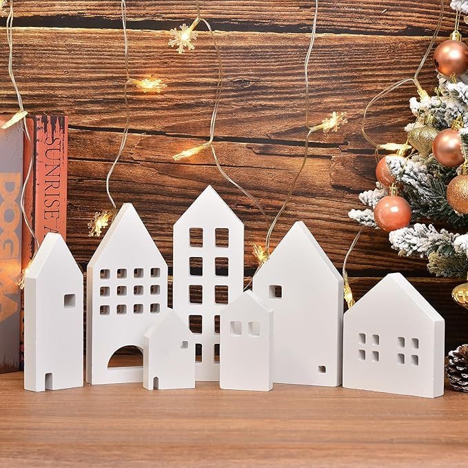 Wooden House Blocks for Tiered Tray Decoration, 7 PCs Small Wooden Christmas Village, Winter Mant... | Amazon (US)