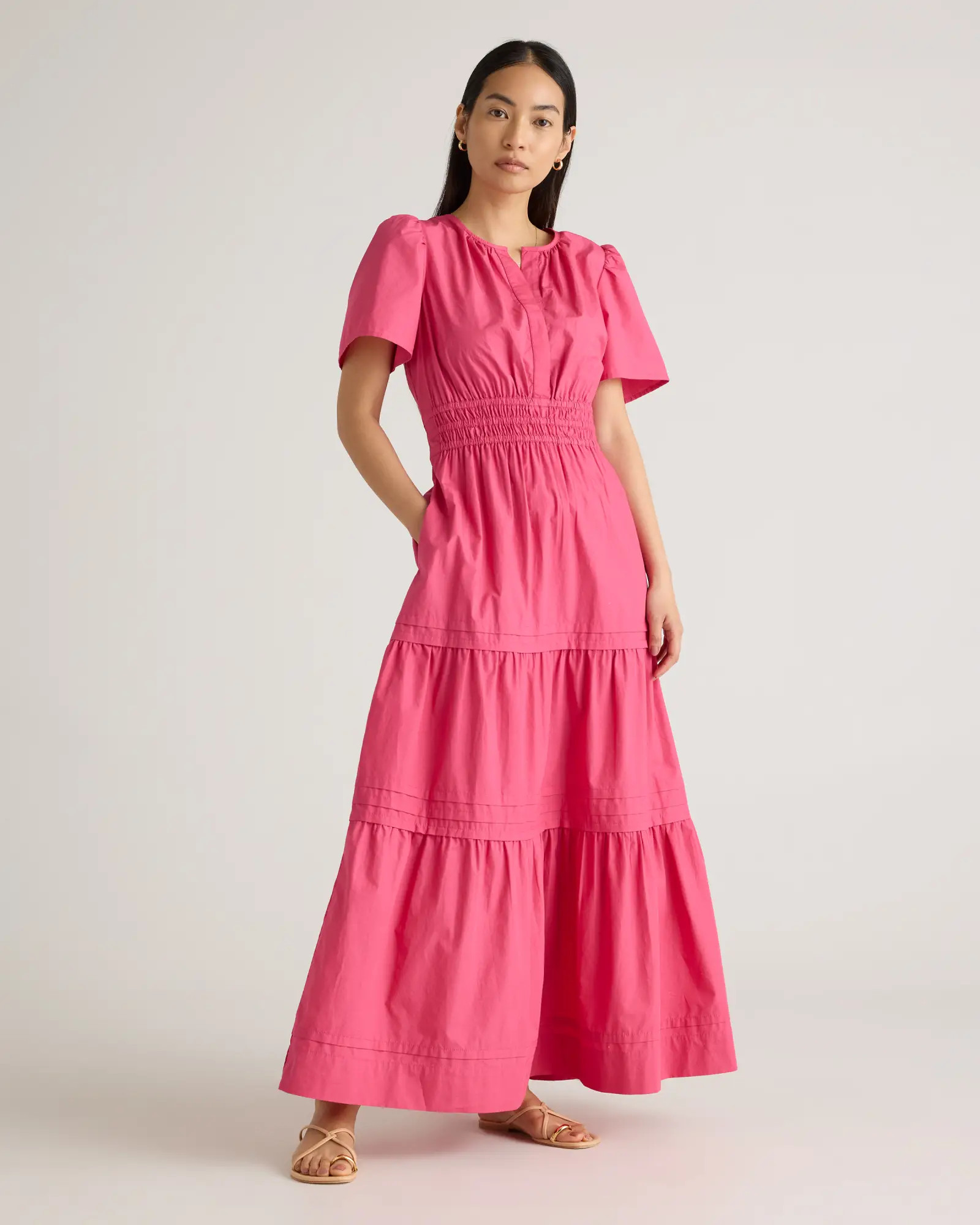 100% Organic Cotton Poplin Tiered Maxi Dress in Lipstick Pink | Quince