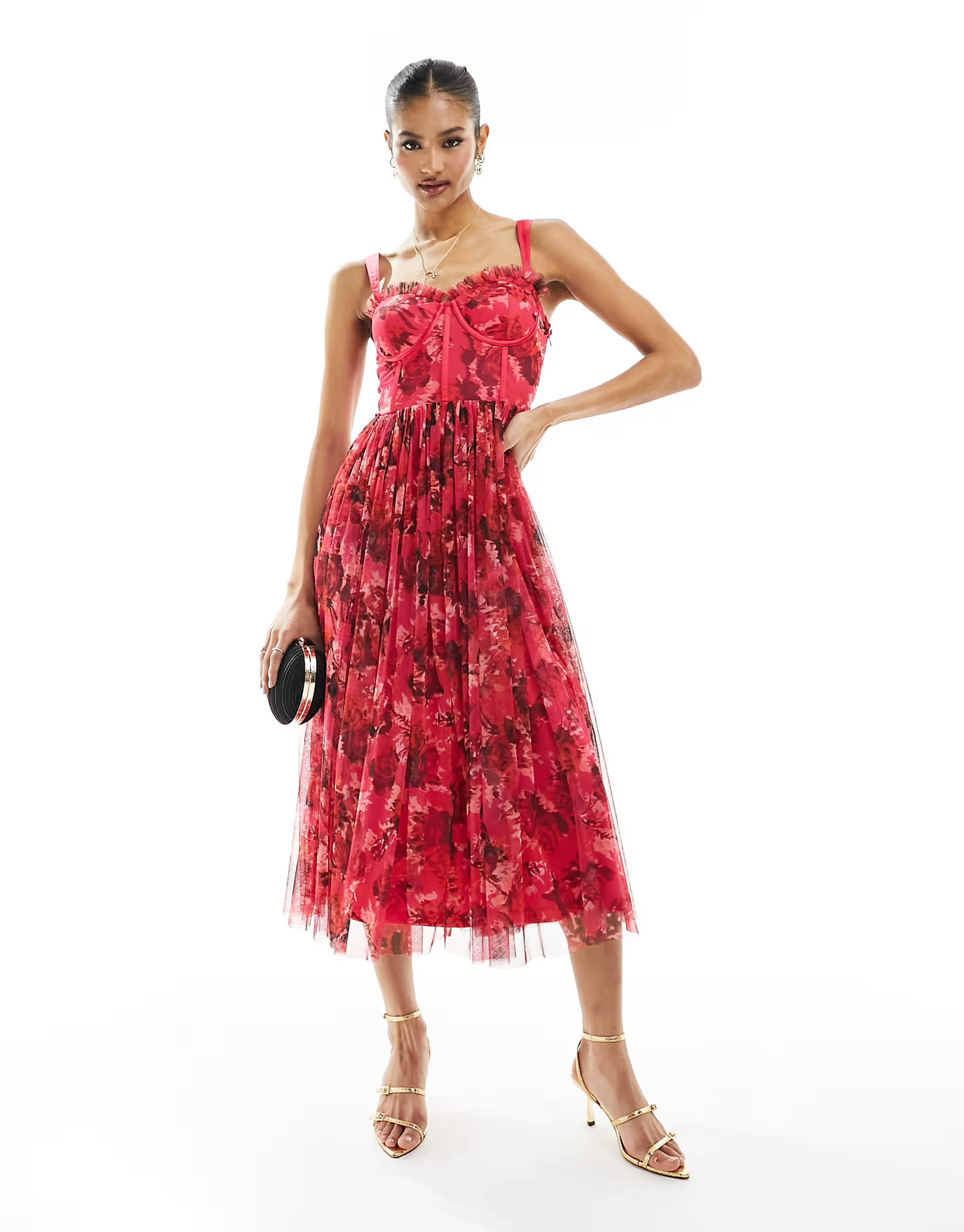 Lace & Beads corset tulle midi dress in pink and red floral | ASOS | ASOS (Global)
