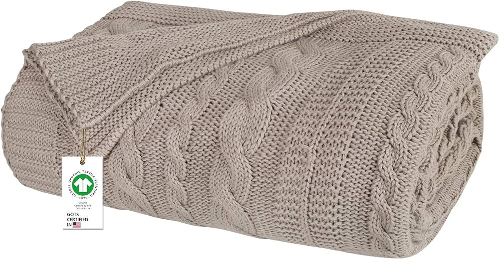 Organic Cotton Throw Blanket 50x70 inches, GOTS Certified Cable Knitted Throws Blanket for Sofa C... | Amazon (US)